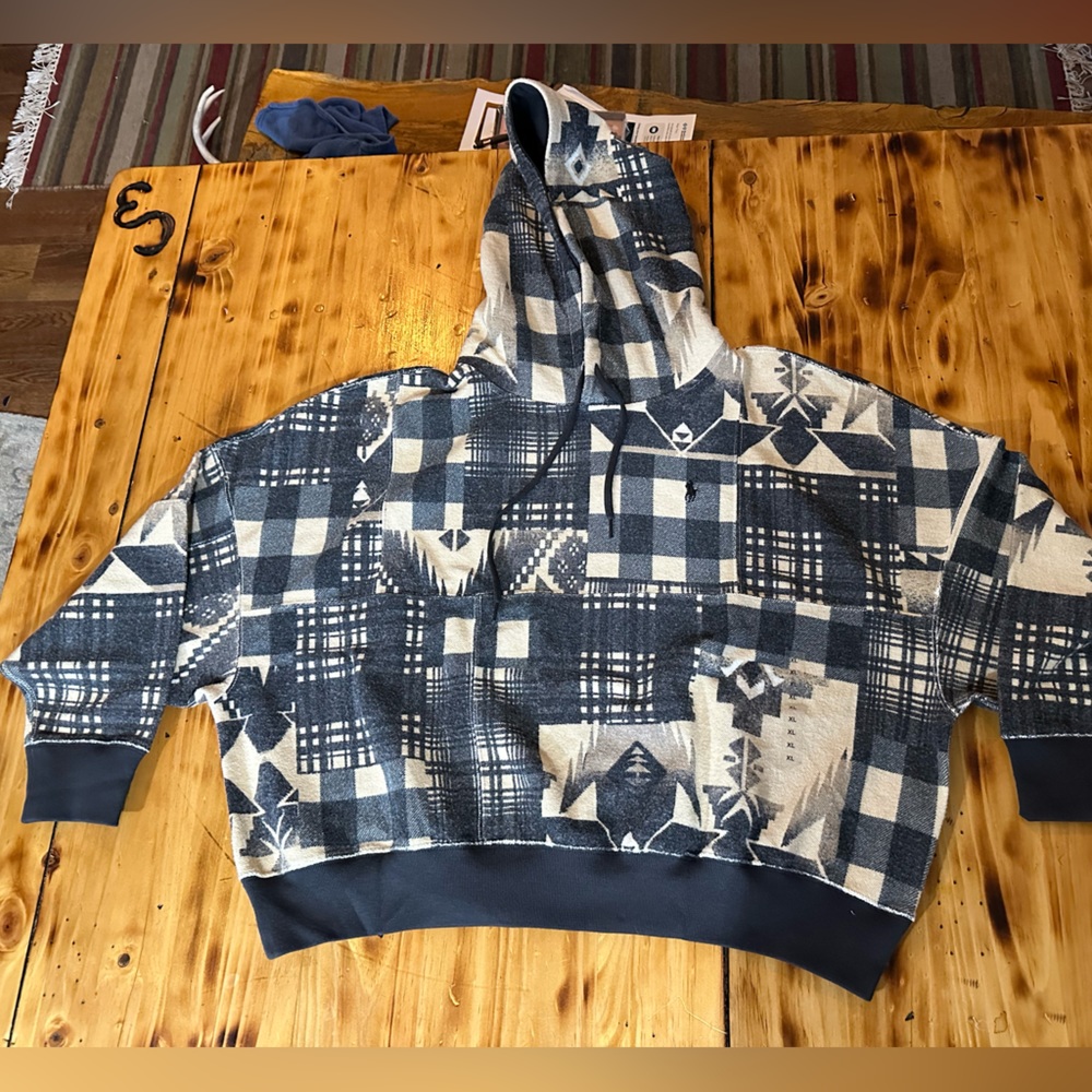 NWT Ralph Lauren Polo hooded sweatshirt patchwork western Navajo Aztec print XL